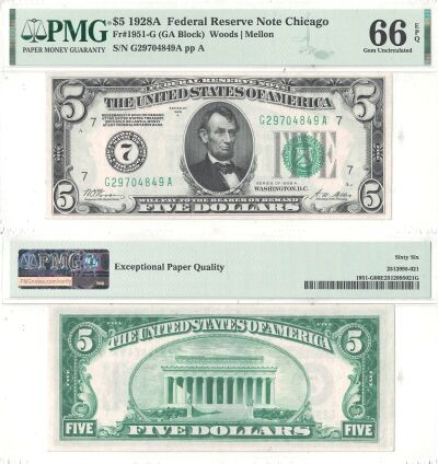 1928-A. $5. F-1951-G. PMG. Gem-66. EPQ. Federal Re