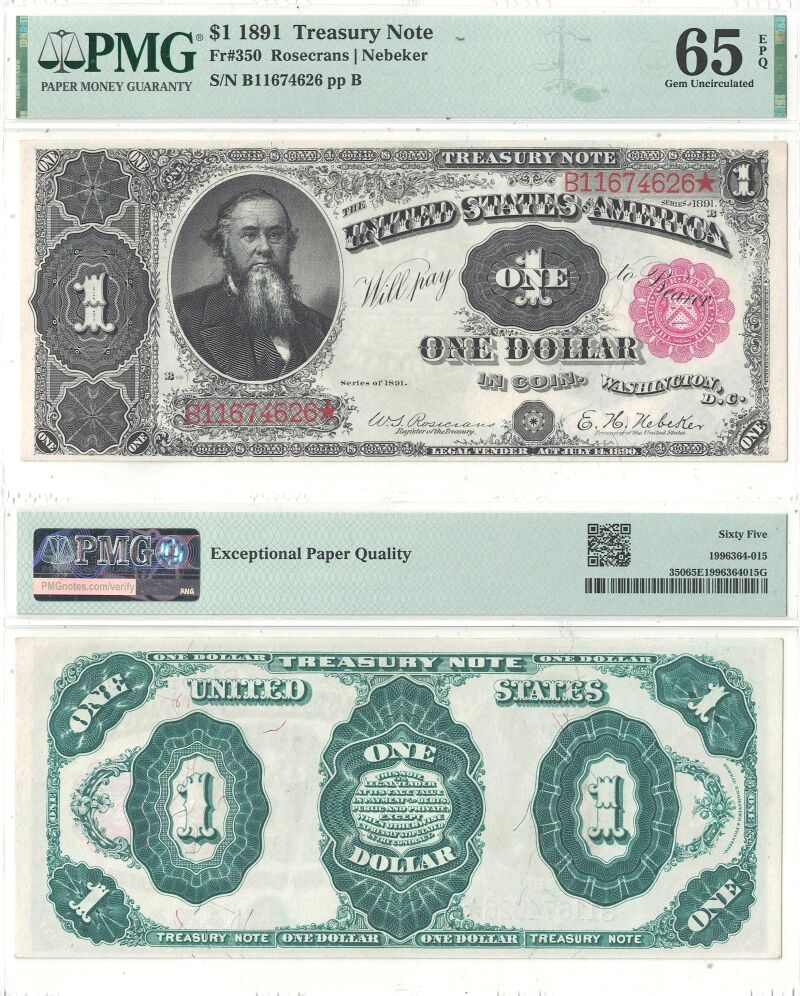 1891 $1 Treasury Note Fr-350 PMG Gem CU-65 EPQ