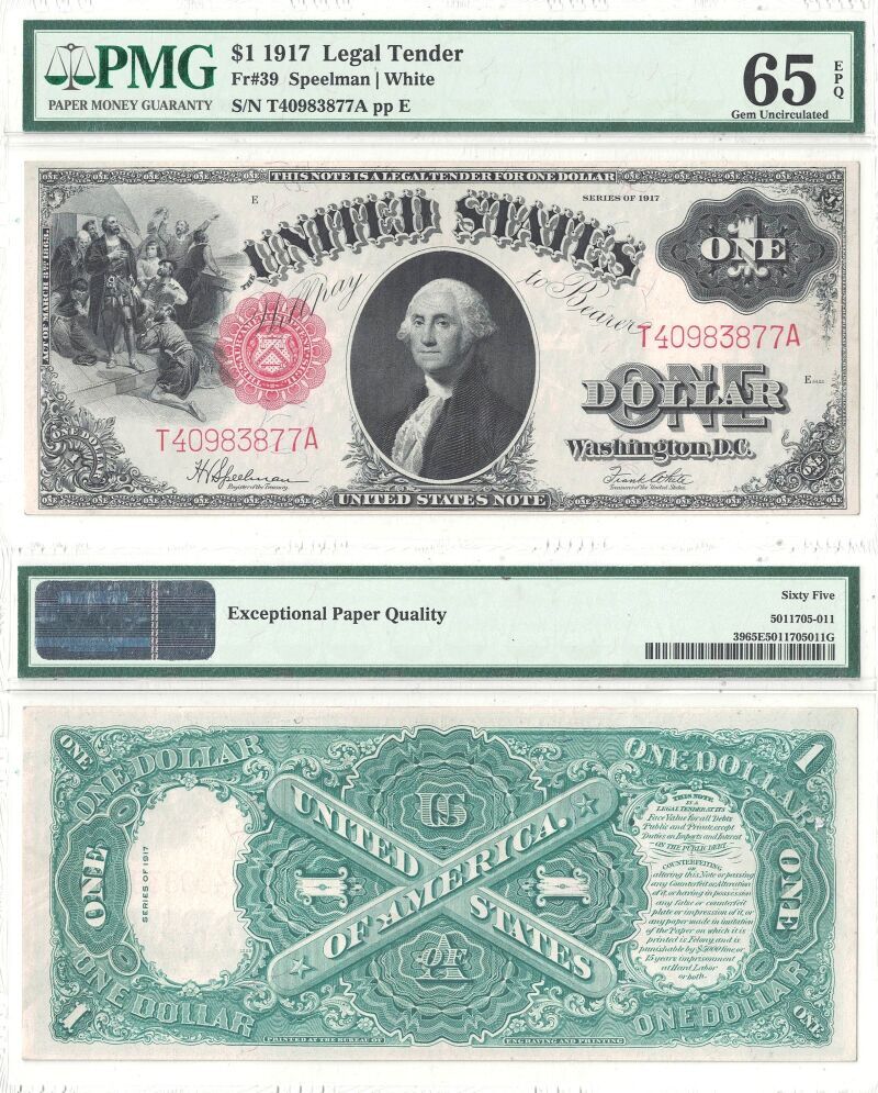 1917 $1 Legal Tender Note Fr-39 PMG Gem CU-65 EPQ
