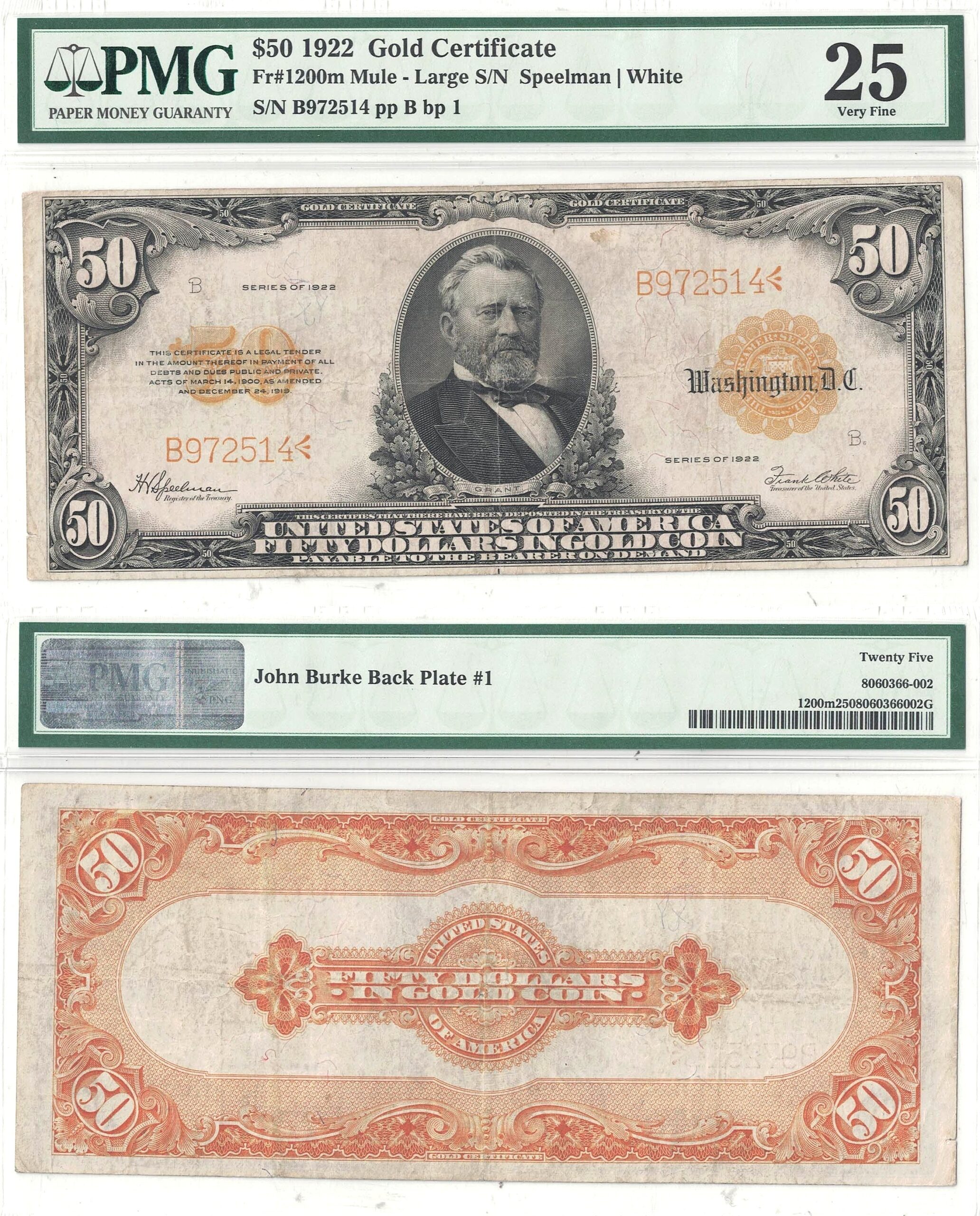 1922 $50 Gold Certificate Fr-1200m PMG VF-25