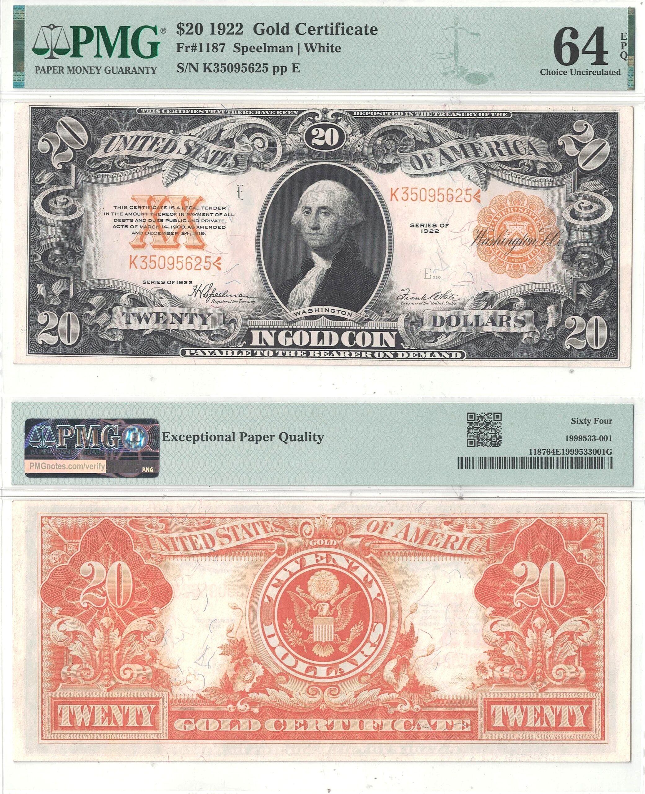 1922 $20 Gold Certificate Fr-1187 PMG Choice CU-64 EPQ