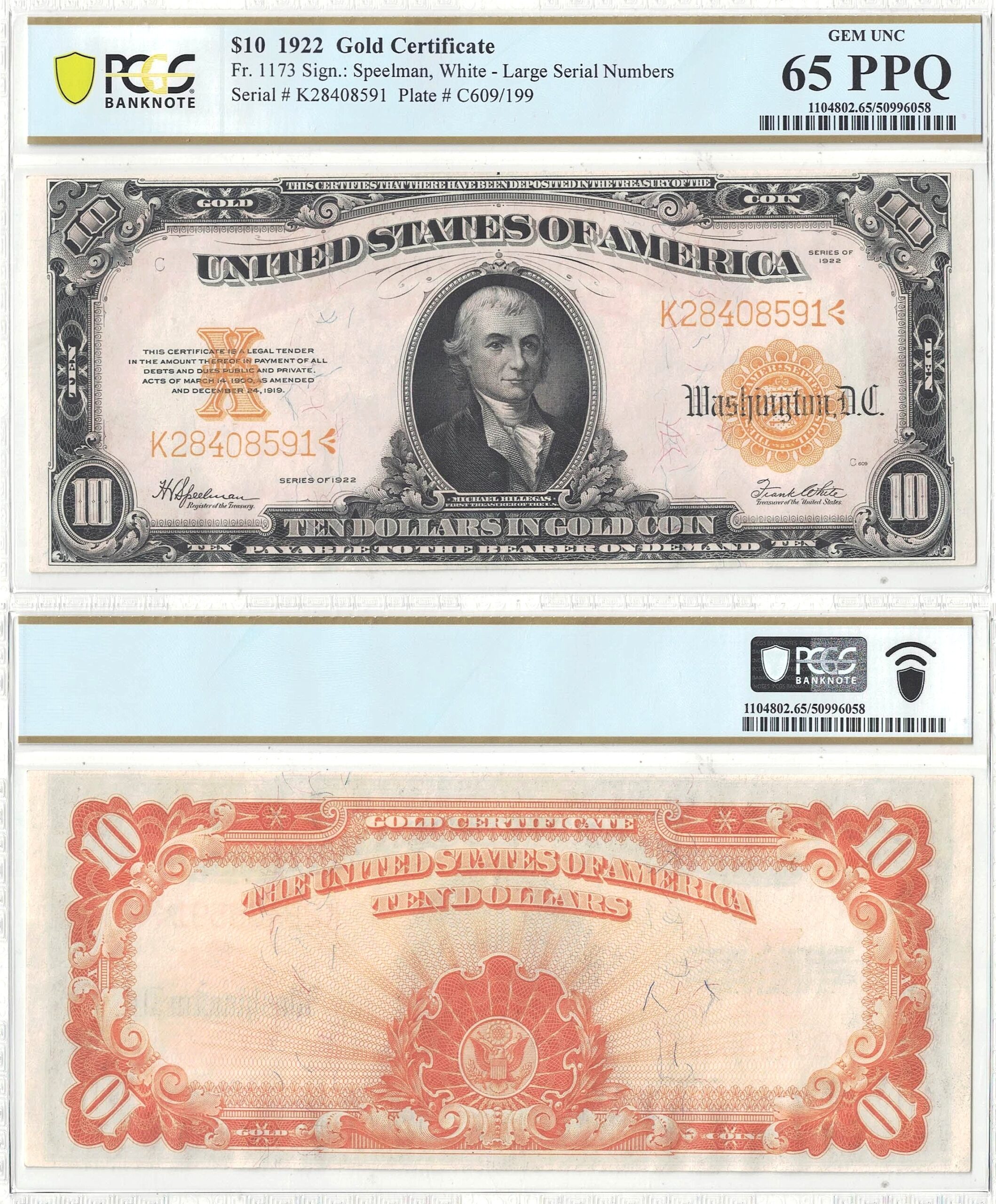 1922 $10 Gold Certificate Fr 1173 PCGS Gem CU-65 PPQ