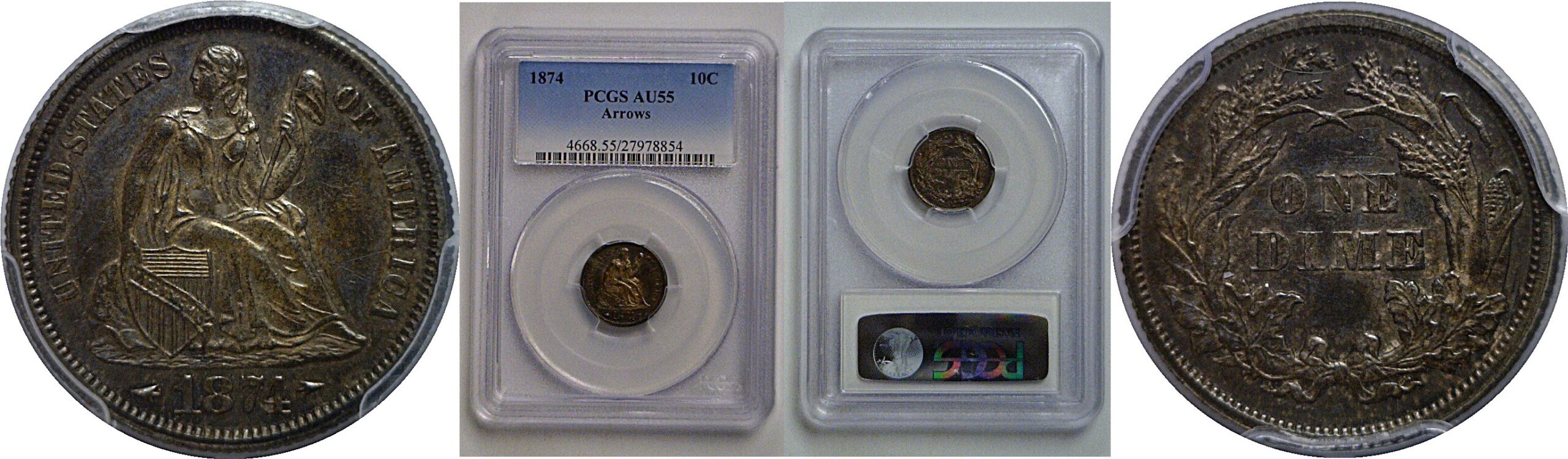 1874 Seated Liberty Dime   PCGS AU-55