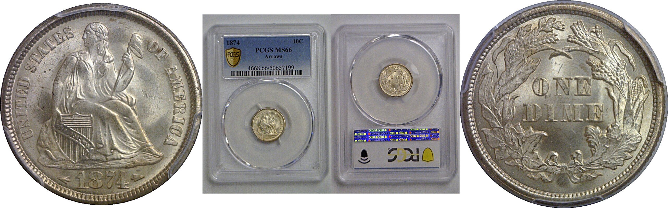 1874 Seated Liberty Dime   PCGS MS-66
