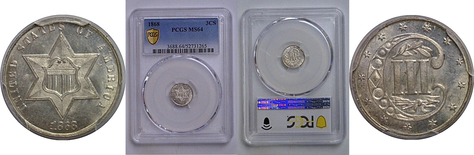 1868 Silver Three Cent  PCGS MS-64