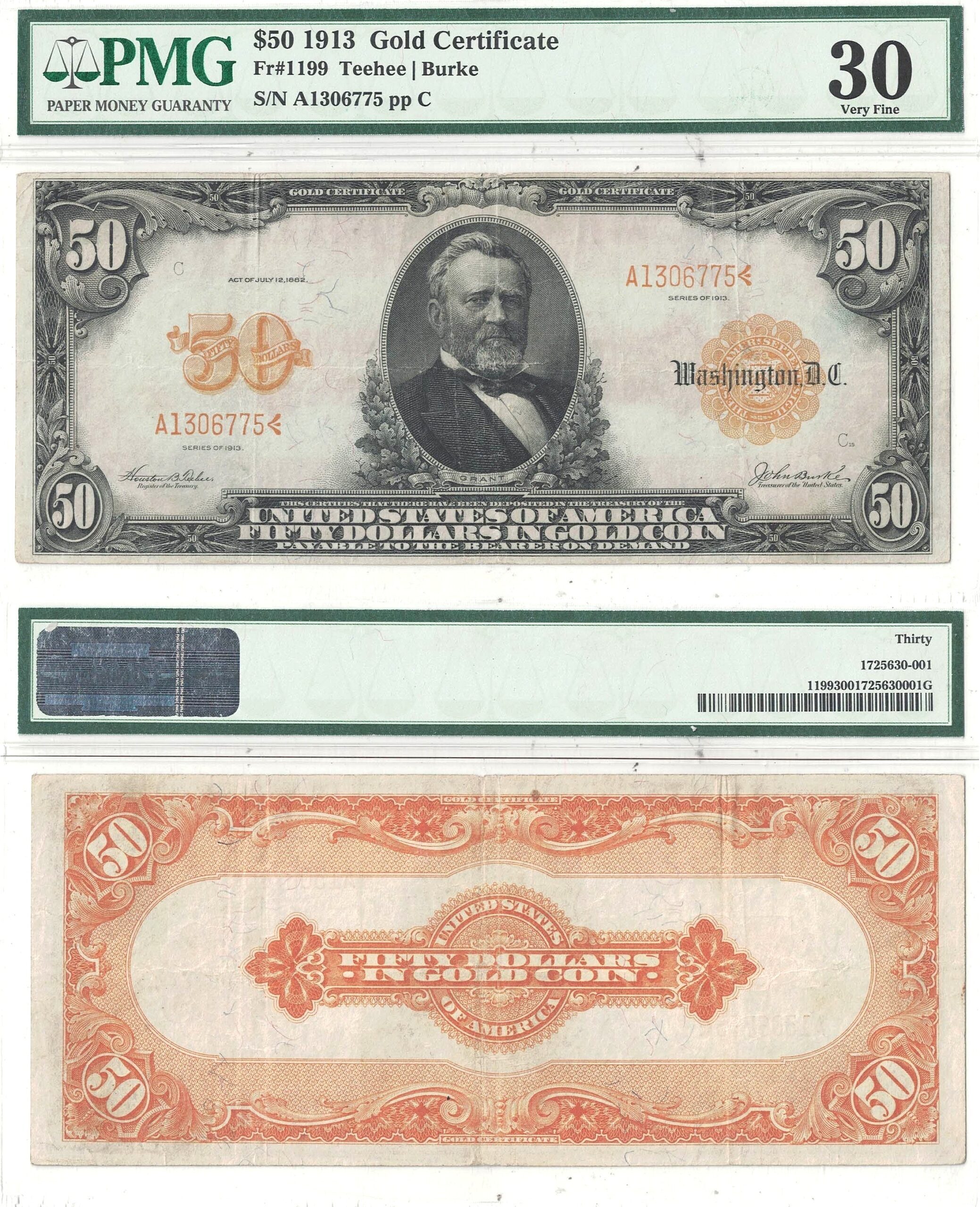 1913 $50 Gold Certificate Fr-1199 PMG VF-30