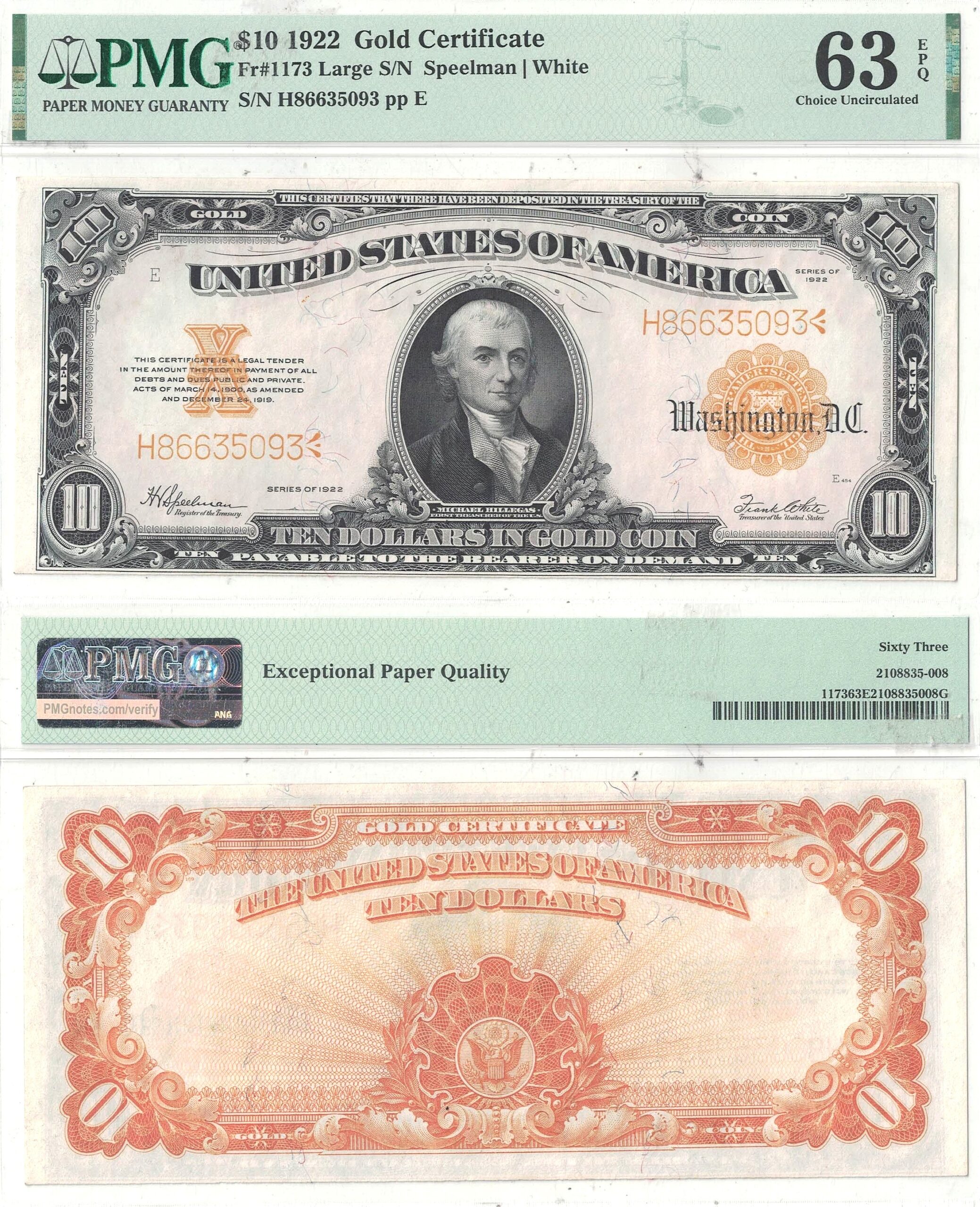 1922 $10 Gold Certificate Fr-1173 PMG Choice CU-63 EPQ