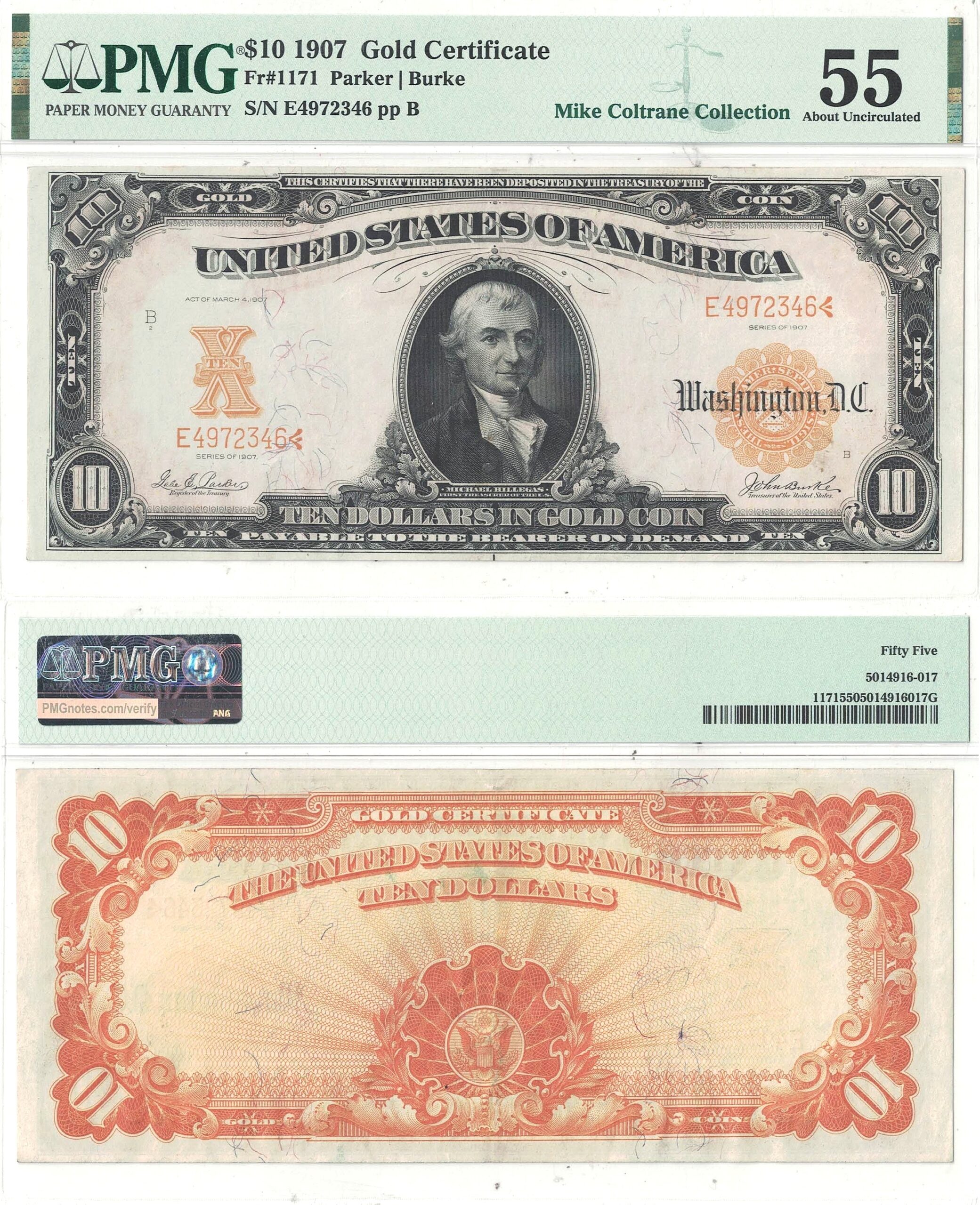 1907 $10 Gold Certificate Fr-1171 PMG AU-55