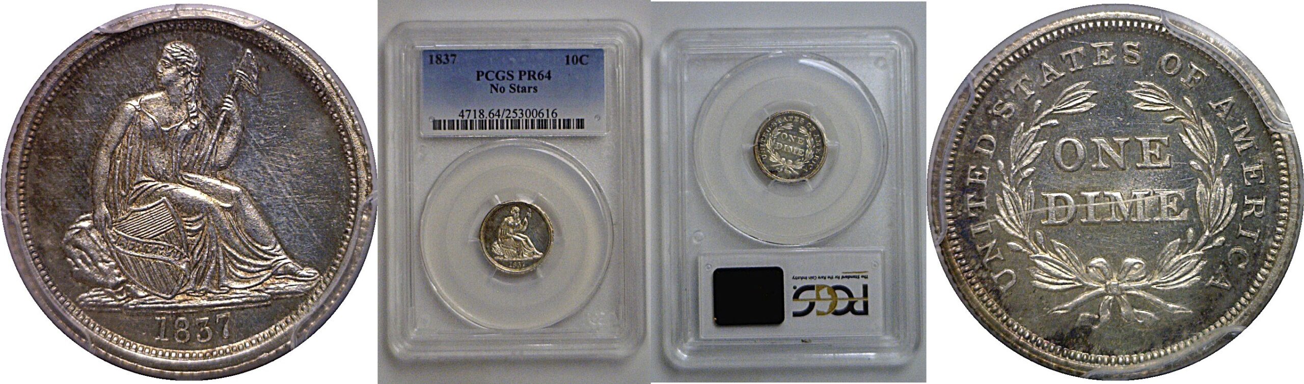 1837 No Stars  Seated Liberty Dime   PCGS PR-64