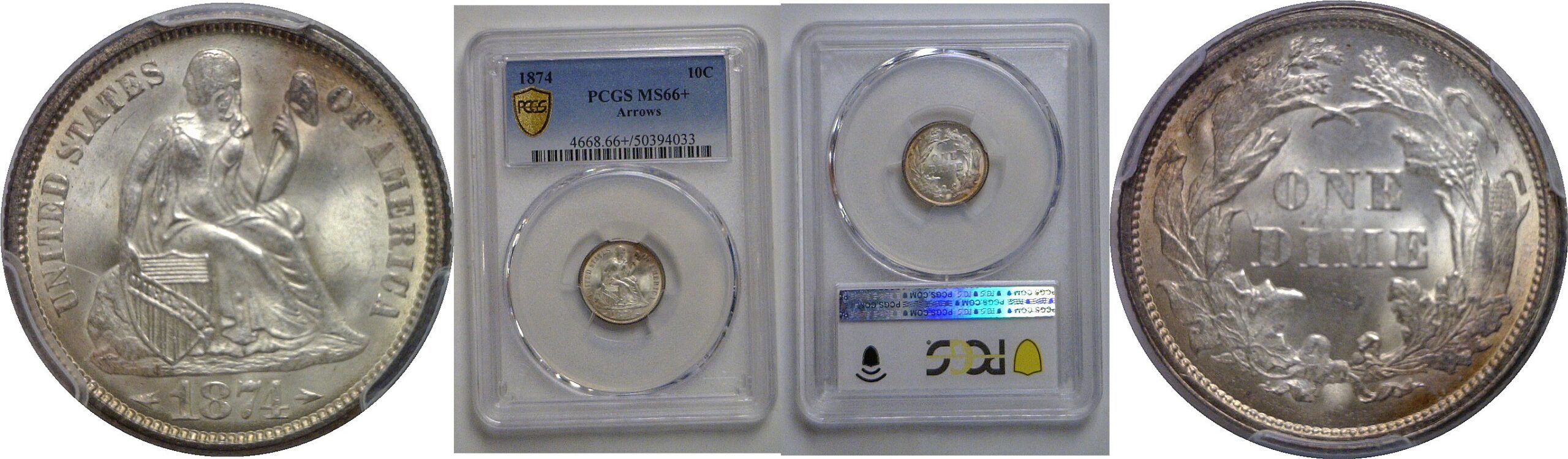1874  Seated Liberty Dime   PCGS MS-66+