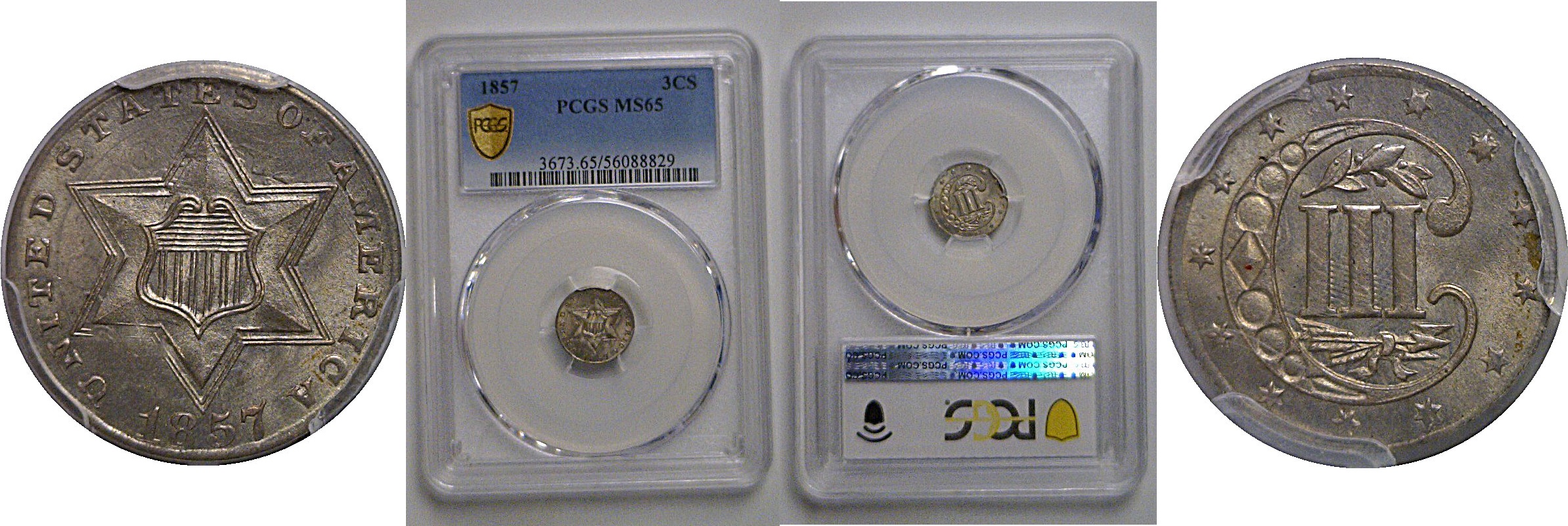 1857 Silver Three Cent   PCGS MS-65