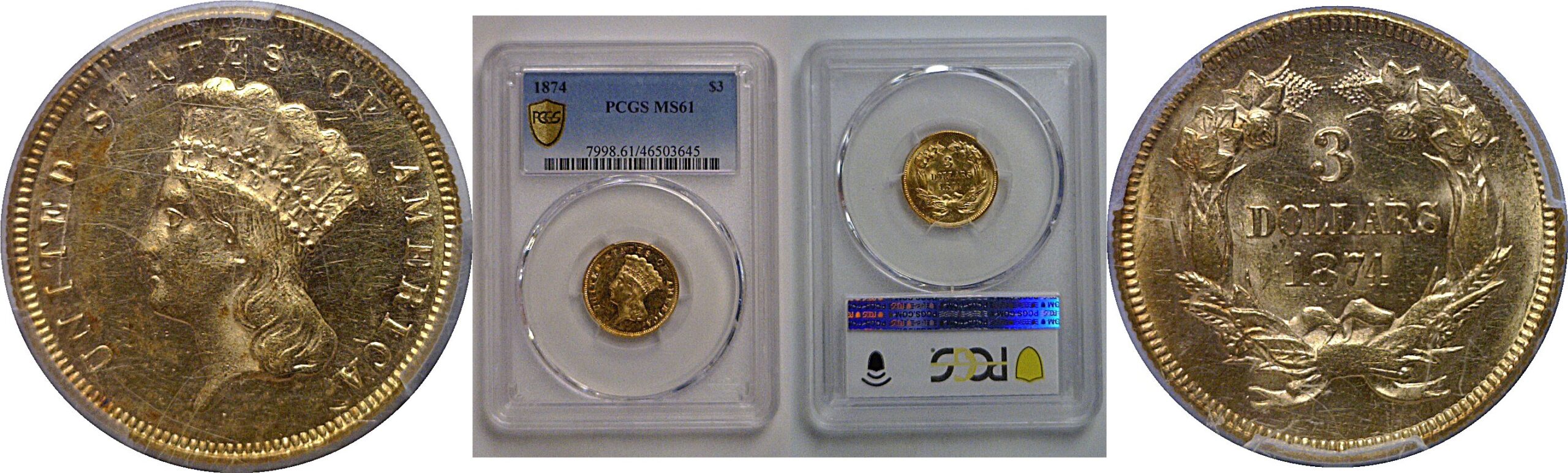 1874 $3 Princess   PCGS MS-61