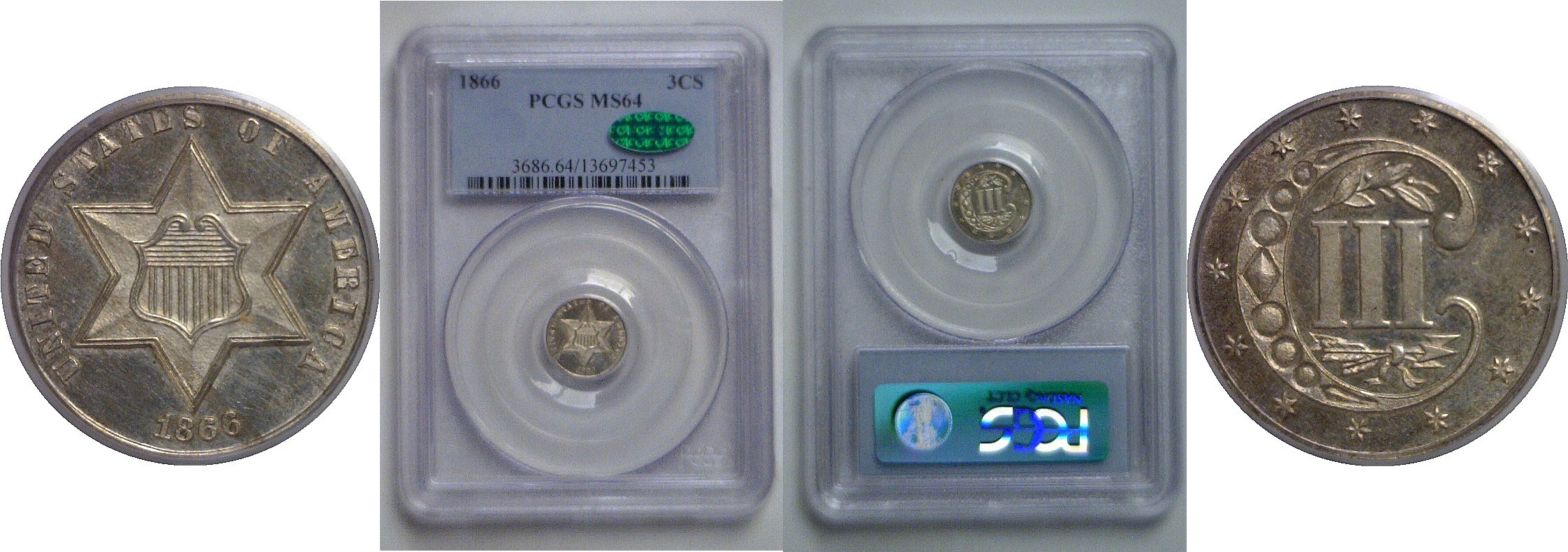 1866 Silver Three Cent    PCGS MS-64  CAC