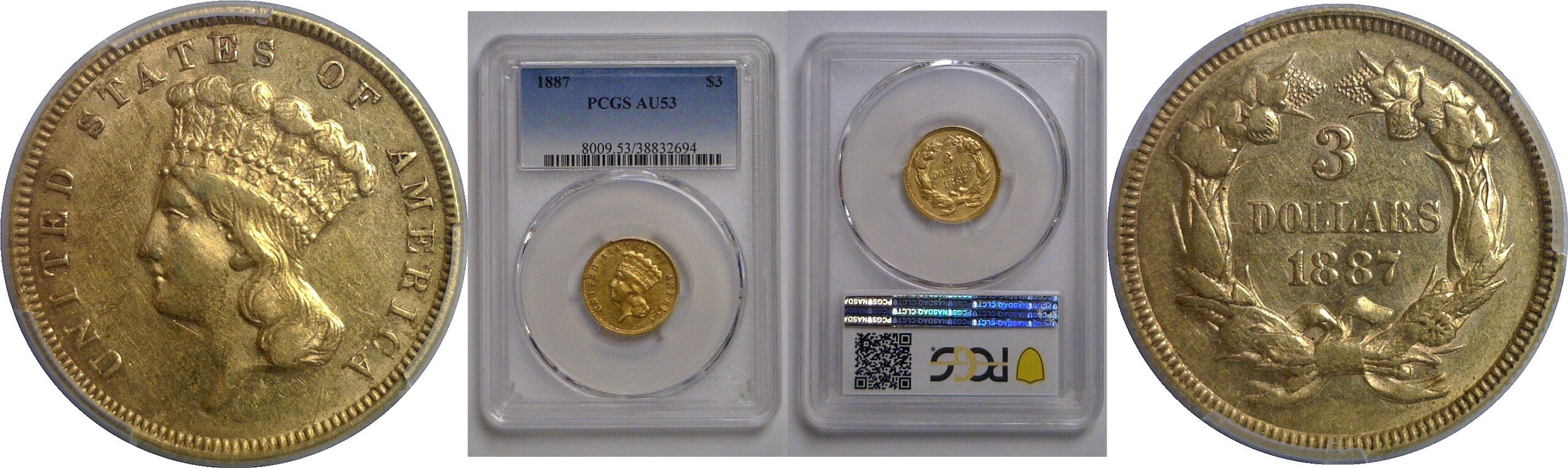 1887 $3 Princess   PCGS AU-53