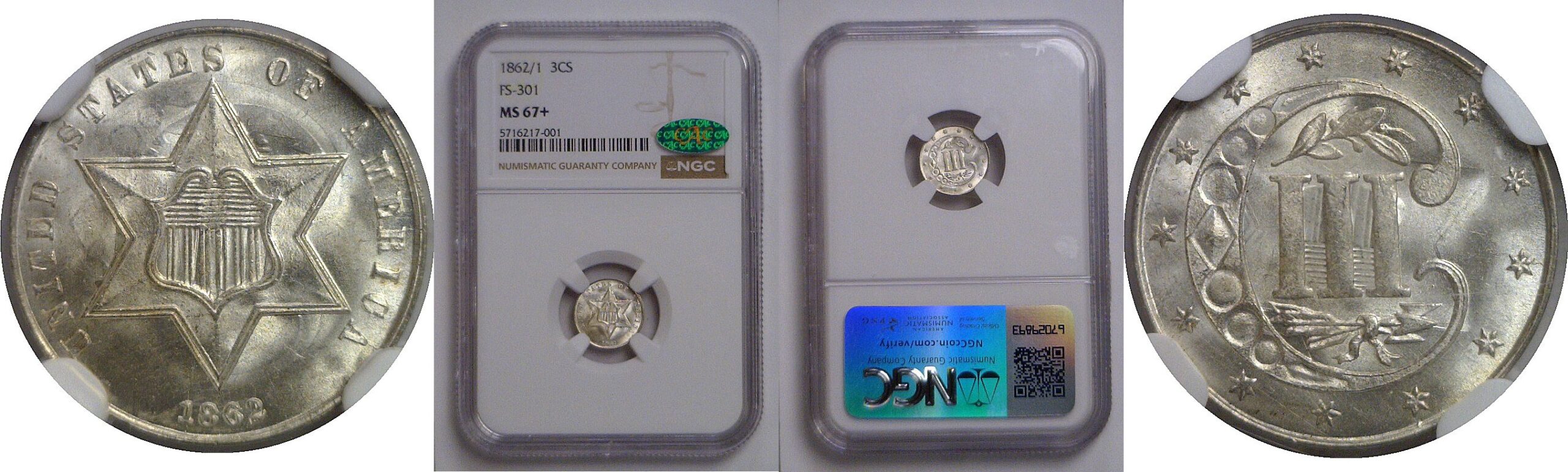 1862/1 Silver Three Cent   NGC MS-67+ CAC