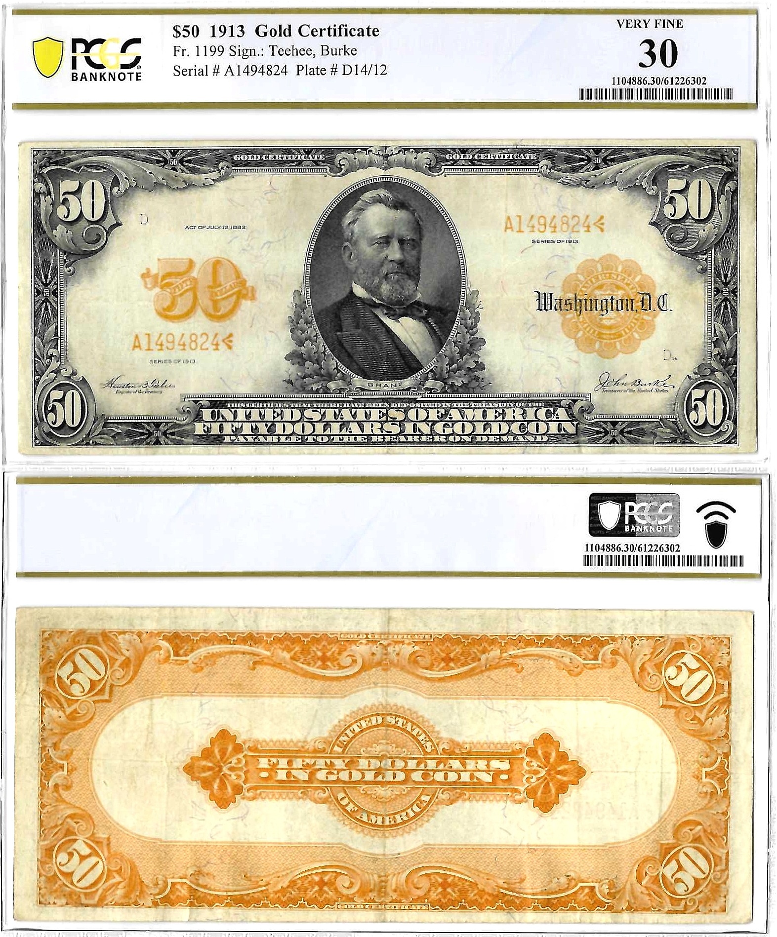 1913 $50 Gold Certificate Fr. 1199 PCGS VF 30