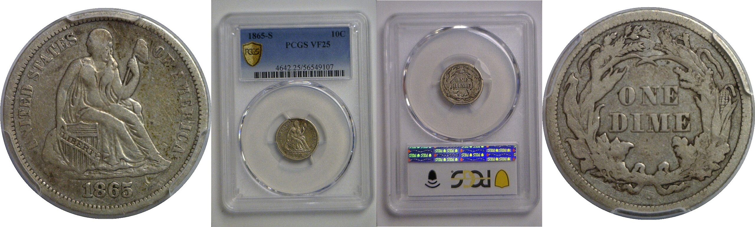 1865-S Seated Liberty Dime   PCGS VF-25