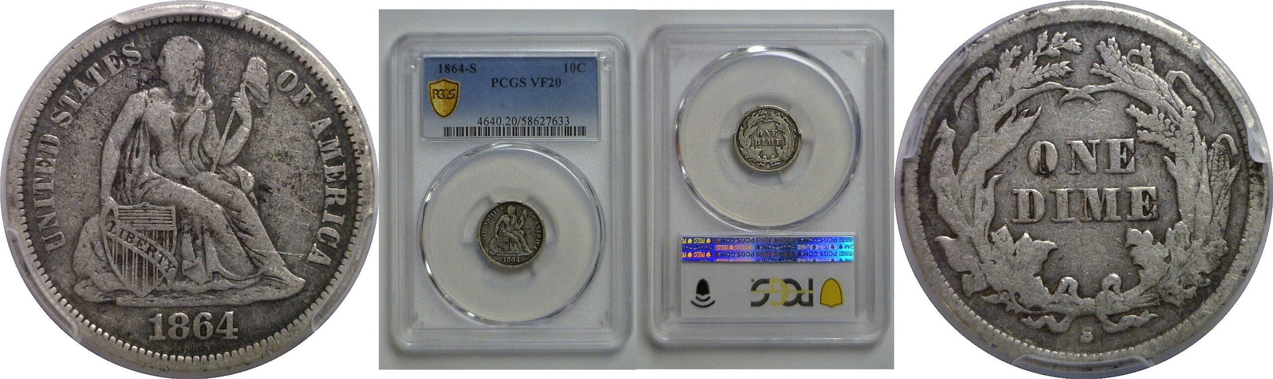 1864-S Seated Liberty Dime   PCGS VF-20