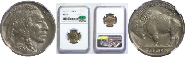 1937-D 3 legs  Buffalo Nickel.  -  NGC. AU-58. CAC