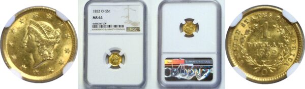 1852-O.  One Dollar Gold Coin.  -  NGC. MS-64.