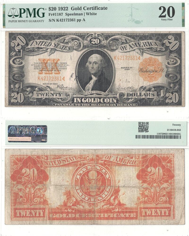 1922. $20. Gold Certificate. F-1187. PMG. VF-20.