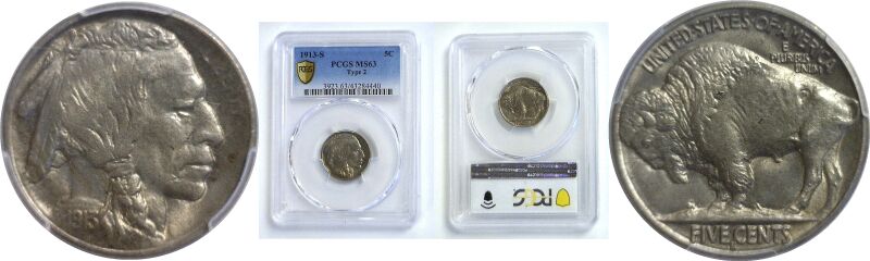 1913-S T-2.  Buffalo Nickel.  -  PCGS. MS-63.