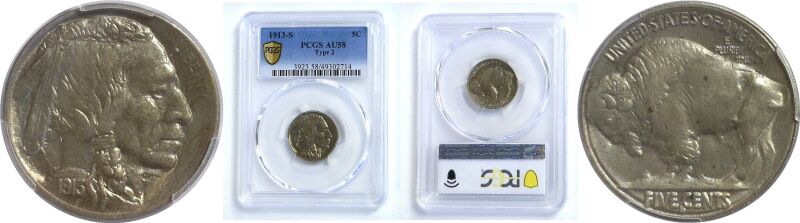 1913-S T-2.  Buffalo Nickel.  - PCGS. AU-58.