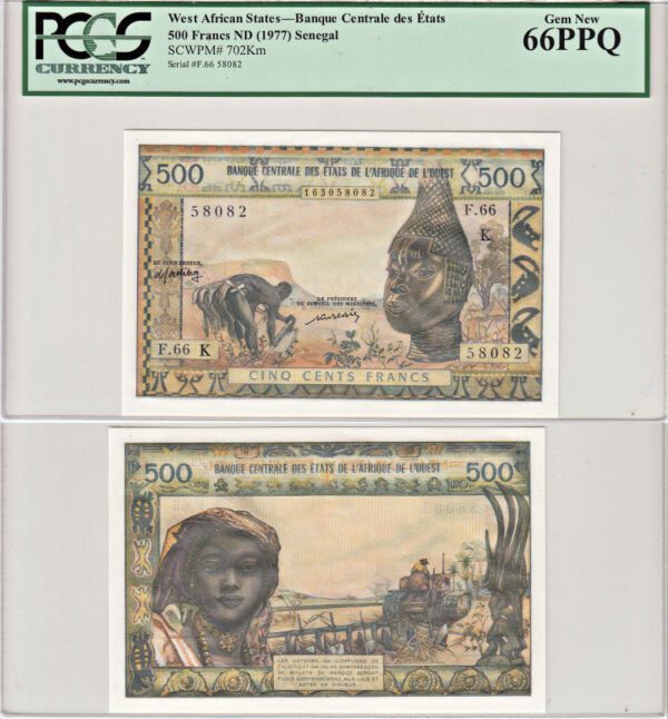 1977. West African States Senegal. 500 Francs. PCGS. Gem-66. PPQ. 702Km.