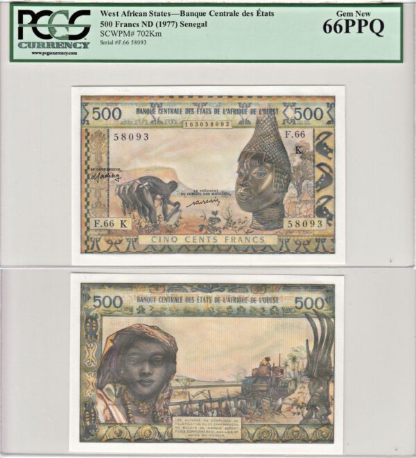 1977. West African States Senegal. 500 Francs. PCGS. Gem-66. PPQ. 702Km.