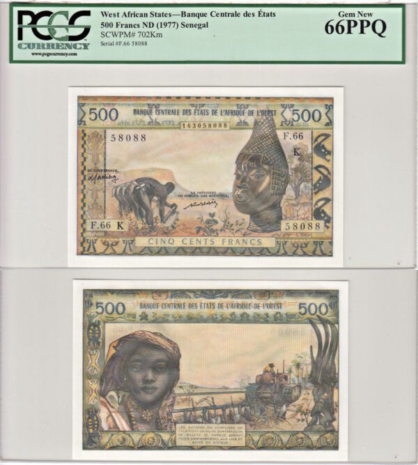 1977. West African States Senegal. 500 Francs. PCGS. Gem-66. PPQ. 702Km.