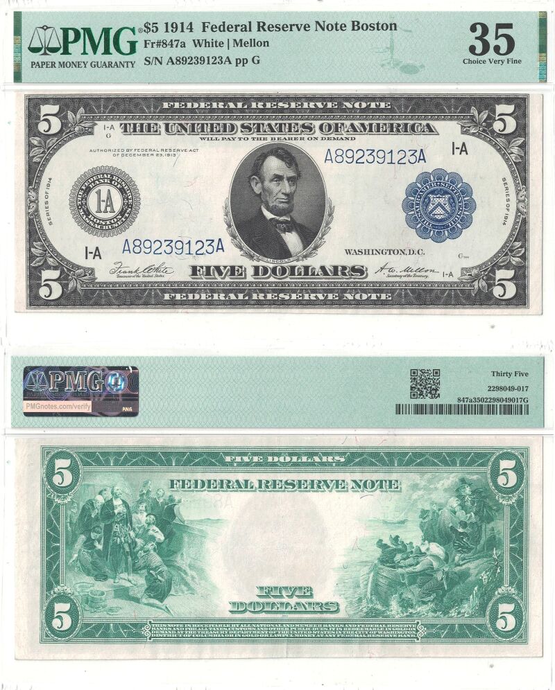 1914. $5. Federal Reserve Note. F-847a. PMG. Ch VF-35.