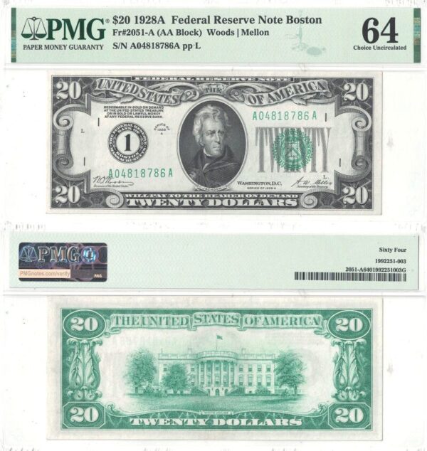 1928-A. $20. Federal Reserve Note. F-2051-A. PMG. Ch Unc-64.