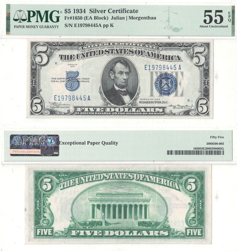 1934. $5. Silver Certificate. F-1650. PMG. AU-55. EPQ.