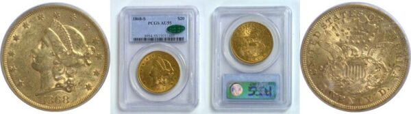 1868-S.  Twenty Dollar Gold Coin. PCGS. AU-55.