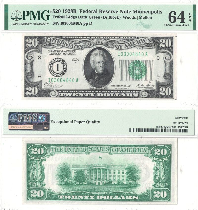 1928-B. $20. Federal Reserve Note. F-2052-I. PMG. Ch Unc-64. EPQ.