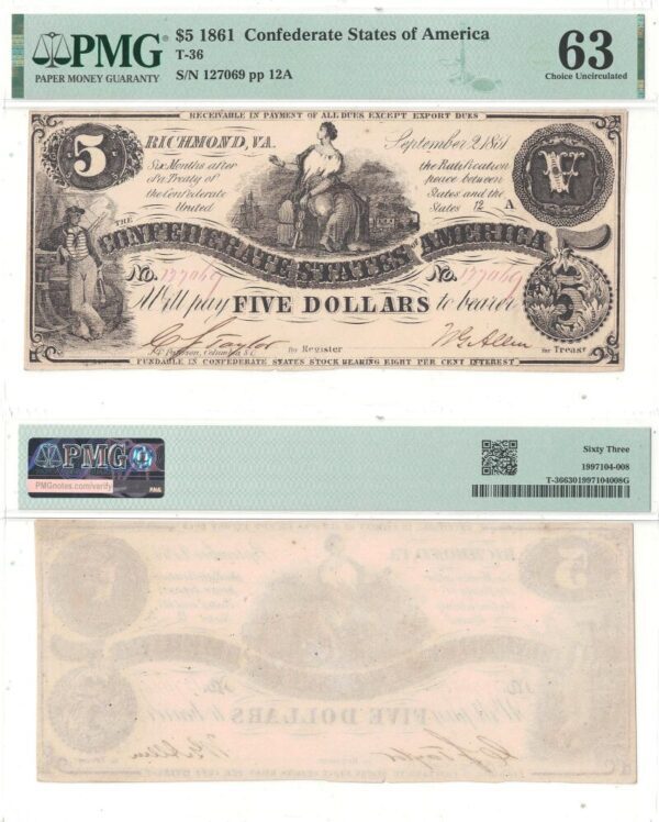 1861 $5. Confederate Note. PMG. Ch Unc-63. T-36.