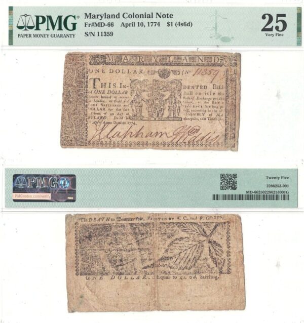 4/10/1774. One Dollar. Maryland  PMG. VF-25.