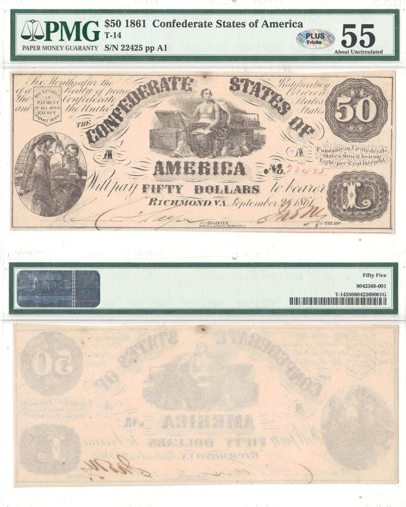 1861 $50. PMG. AU-55. T-14.