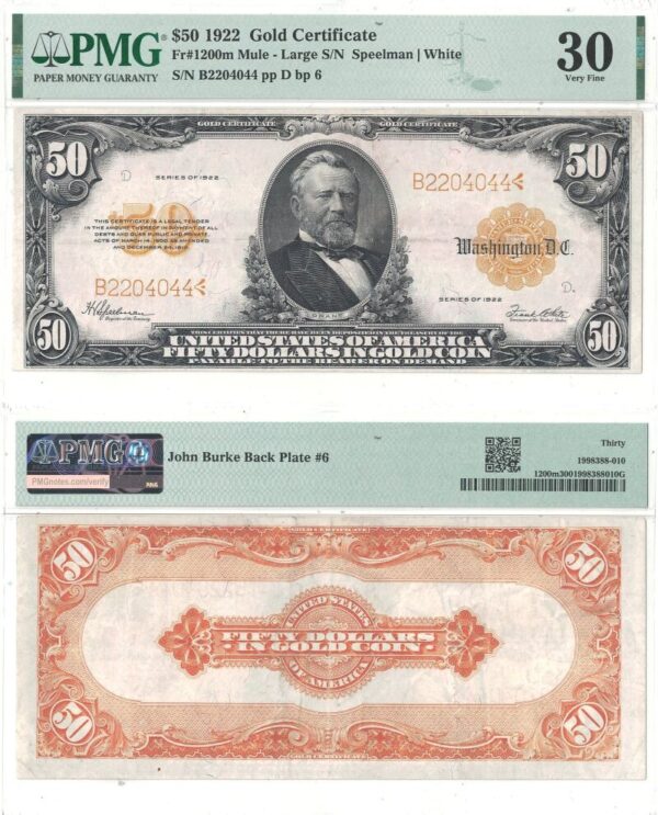 1922. $50. Gold Certificate. F-1200m. PMG. VF-30.