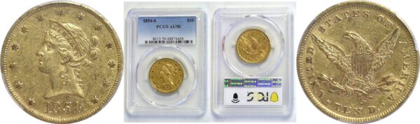 1854-S. $10 Liberty.  -  PCGS. AU-50.