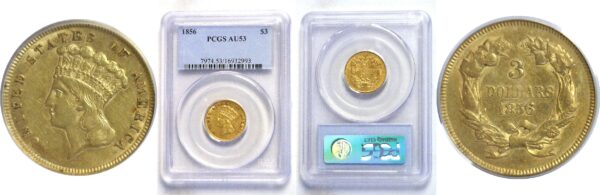 1856.  Three Dollar Gold Coin.  -  PCGS. AU-53.