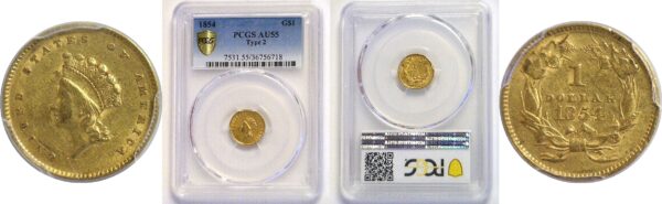 1854.  One Dollar Gold Coin.  -  PCGS. AU-55.