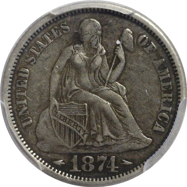 1874.  Seated Liberty Dime.  -  PCGS. VF-35. - Image 2