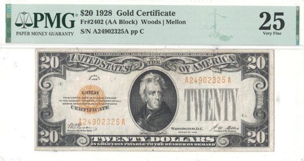 1928 $20 Gold Certificate  -  PMG VF-25  -  FR-2402 - Image 2