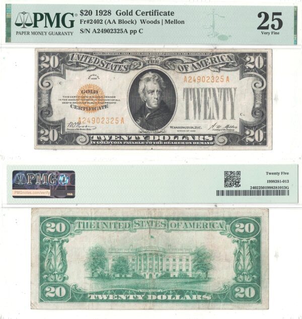 1928 $20 Gold Certificate  -  PMG VF-25  -  FR-2402