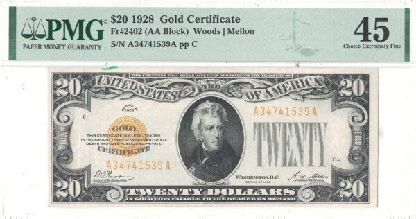 1928 $20 Gold Certificate  -  PMG XF-45  -  Fr-2402 - Image 2