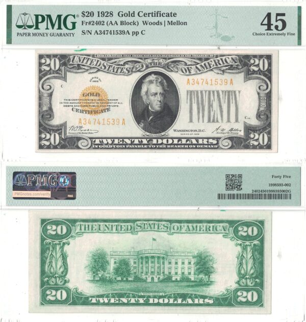 1928 $20 Gold Certificate  -  PMG XF-45  -  Fr-2402