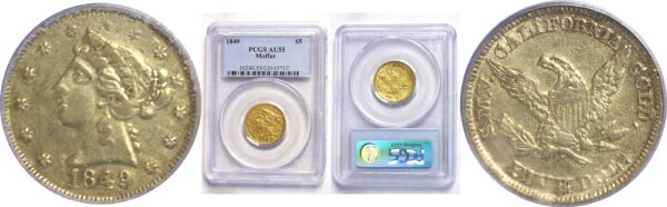 1849  Moffat $5 -  PCGS. AU-55.