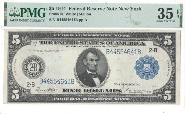 1914 $5 FEDERAL RESERVE NOTE  -  PMG VF-35 EPQ  -  Fr-851a - Image 2