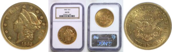 1863.  $20 Liberty.  -  NGC. AU-55.